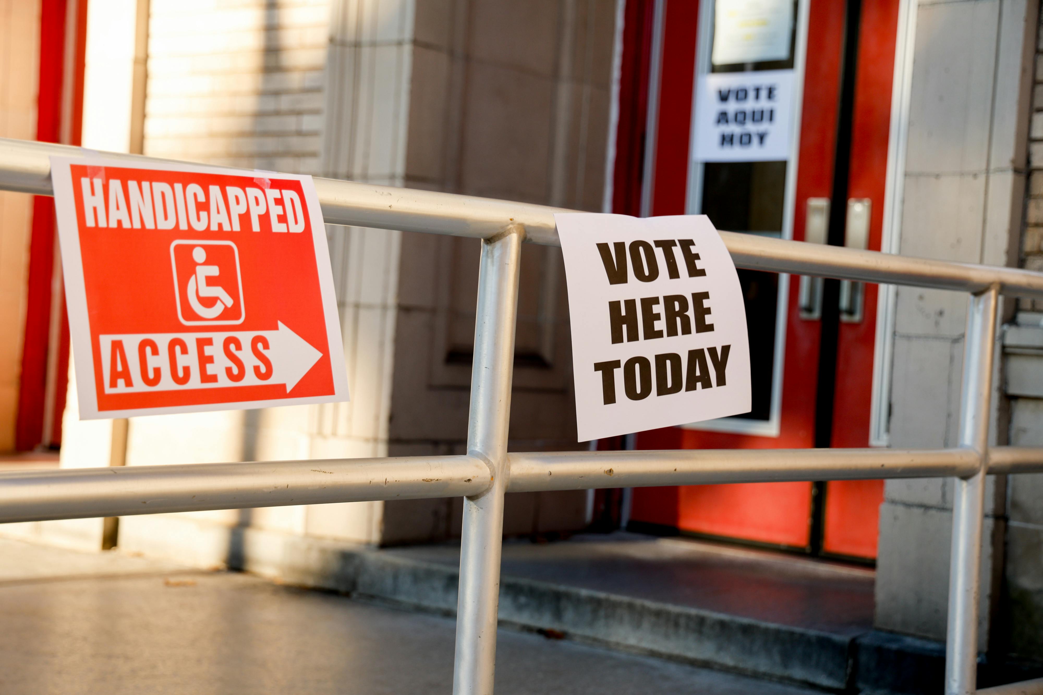"Vote Here Today" signage at a polling place in New Jersey.