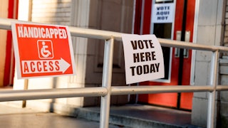 "Vote Here Today" signage at a polling place in New Jersey.