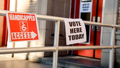 "Vote Here Today" signage at a polling place in New Jersey.