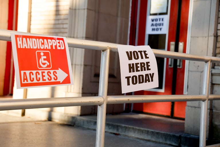 "Vote Here Today" signage at a polling place in New Jersey.