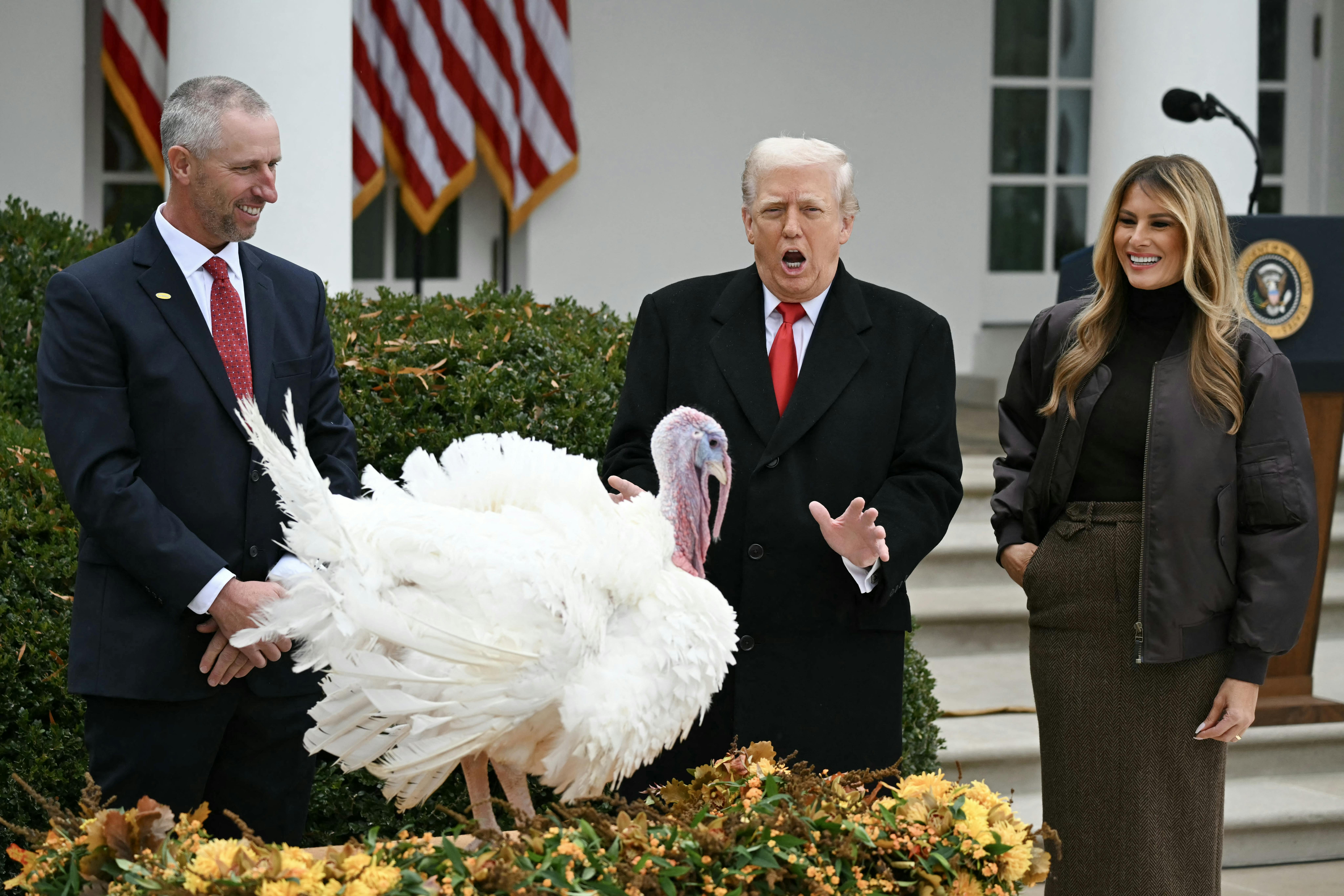 Melania Trump smiles as Donald Trump makes an odd face while gesturing at the turkey standing in front of them. Another person looks on from the side.
