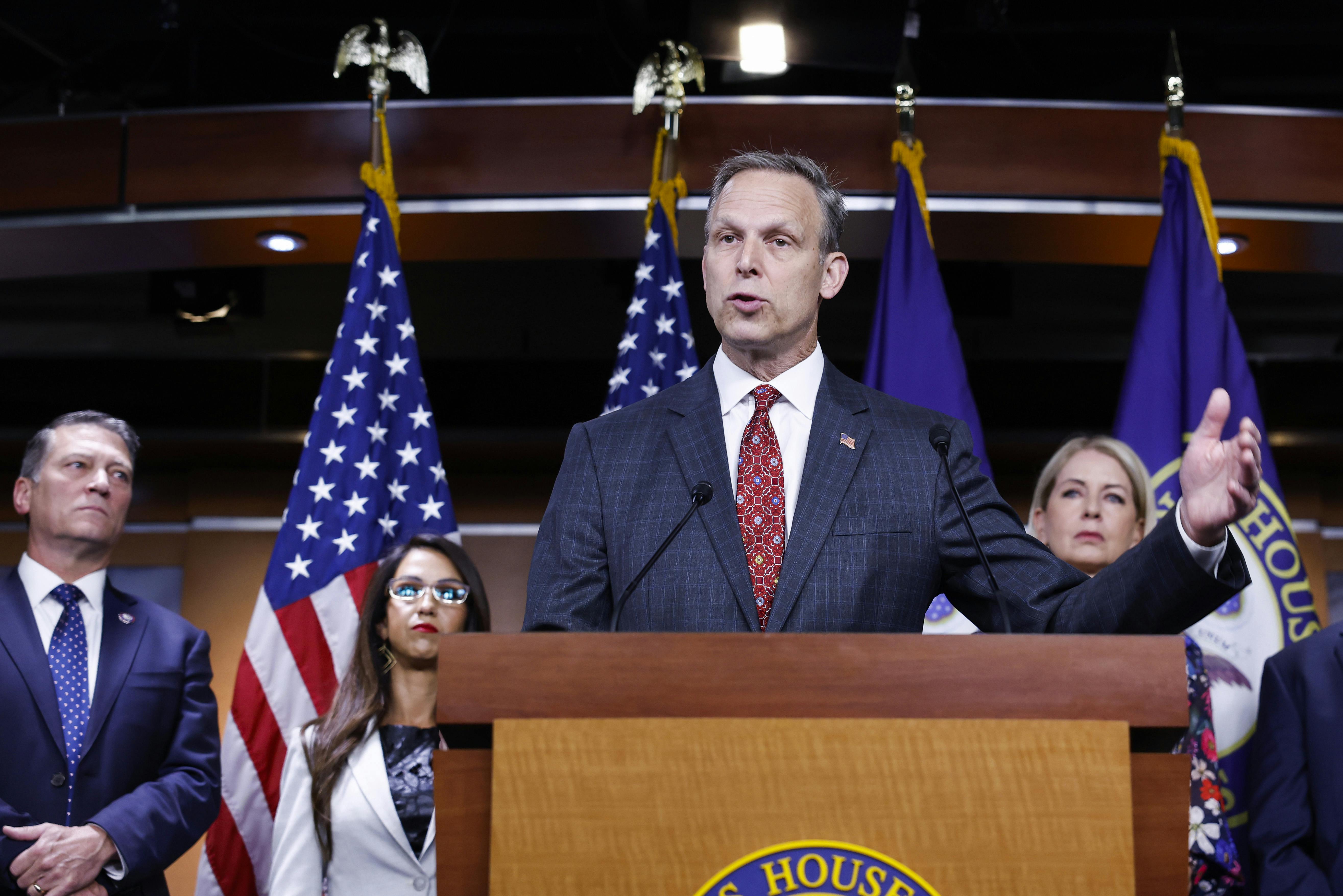 House Freedom Caucus Chairman Scott Perry speaks during a press conference on the National Defense Authorization Act on July 14, 2023.