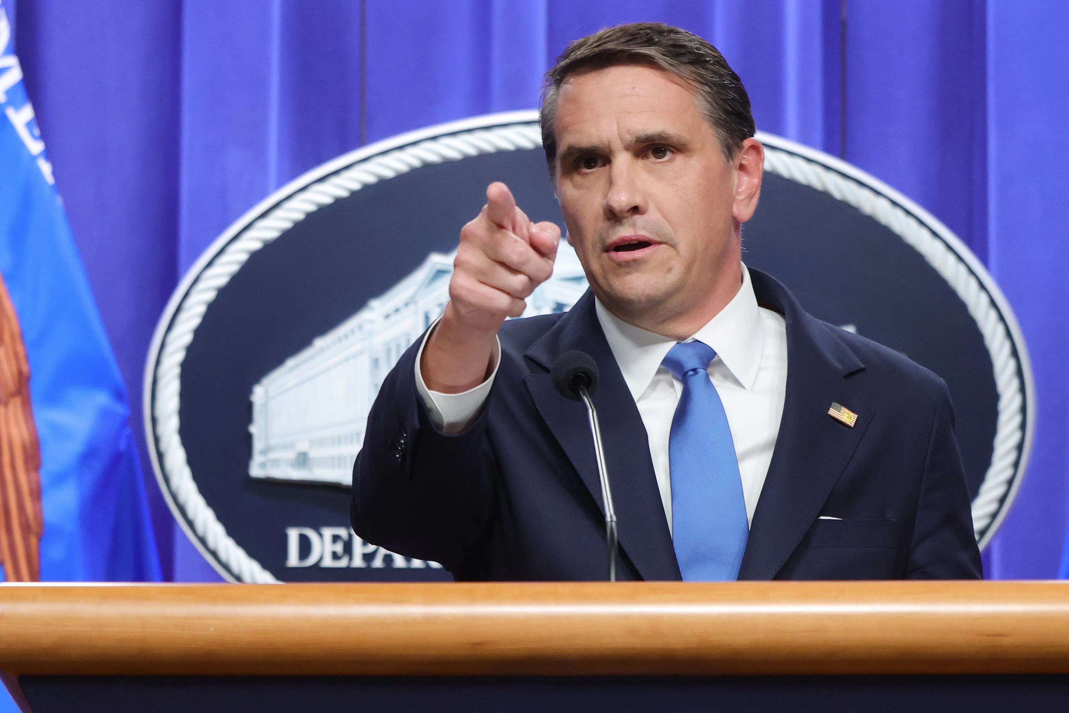 Acting U.S. Attorney General Todd Blanche speaks in a press conference.