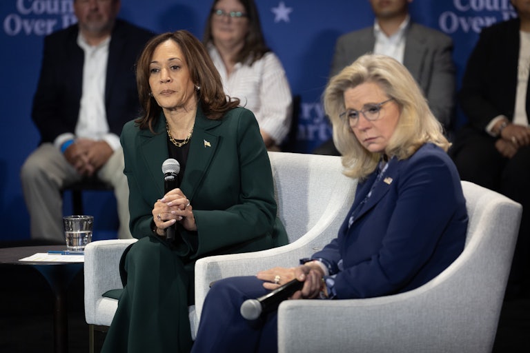 Kamala Harris and Liz Cheney seated on two chairs looking grim
