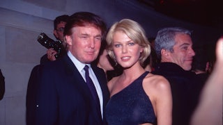 Donald Trump and Belgian model Ingrid Seynhaeve smile for the photo while Jeffrey Epstein dances in the background.