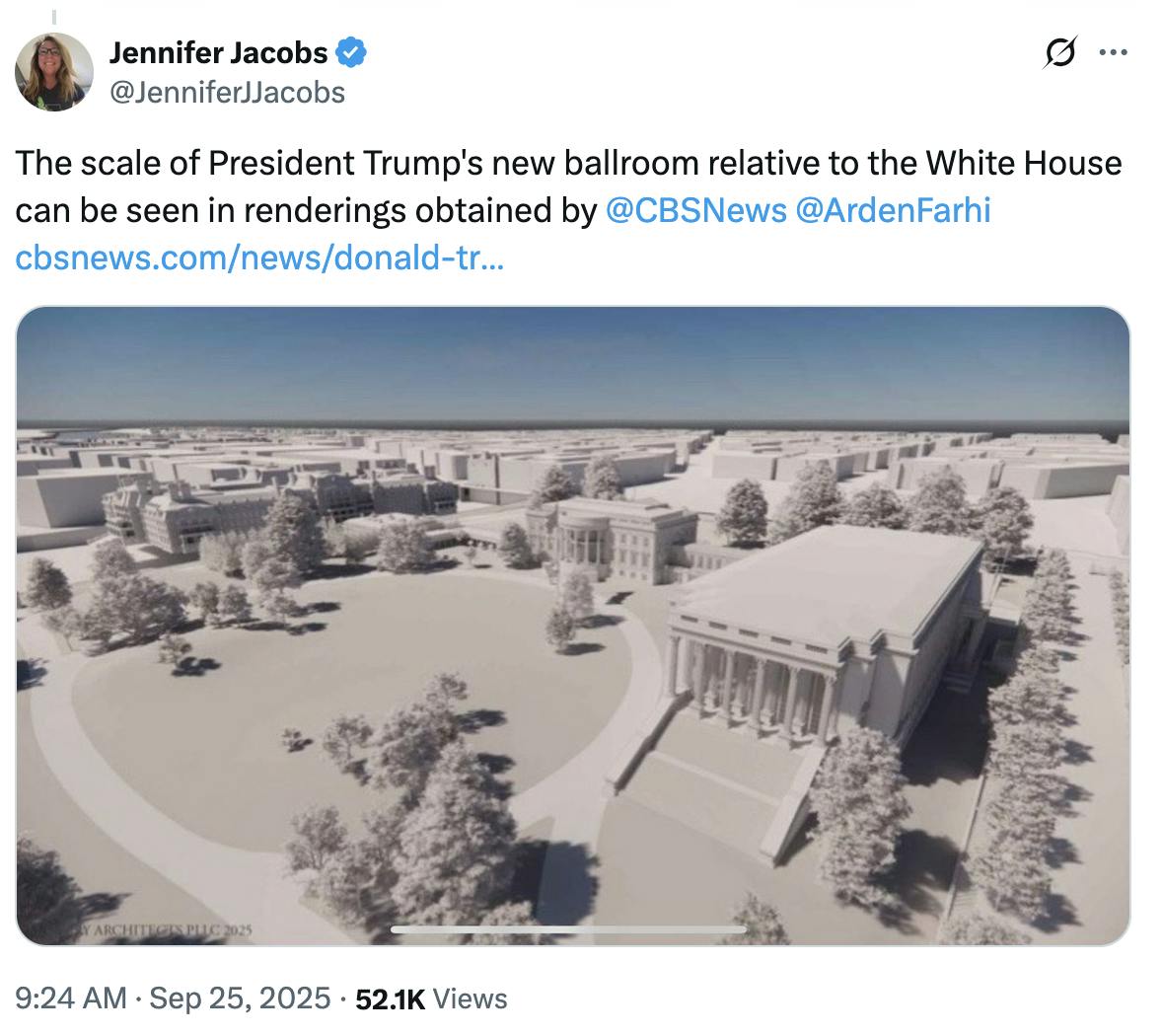 X Jennifer Jacobs @JenniferJJacobs The scale of President Trump's new ballroom relative to the White House can be seen in renderings obtained by @CBSNews @ArdenFarhi https://cbsnews.com/news/donald-tr... (photo showing how much space Trump's ballroom will take up on the lawn)