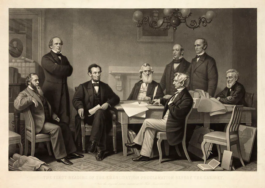19th century engraving of Abraham Lincoln reading the Emancipation Proclamation 