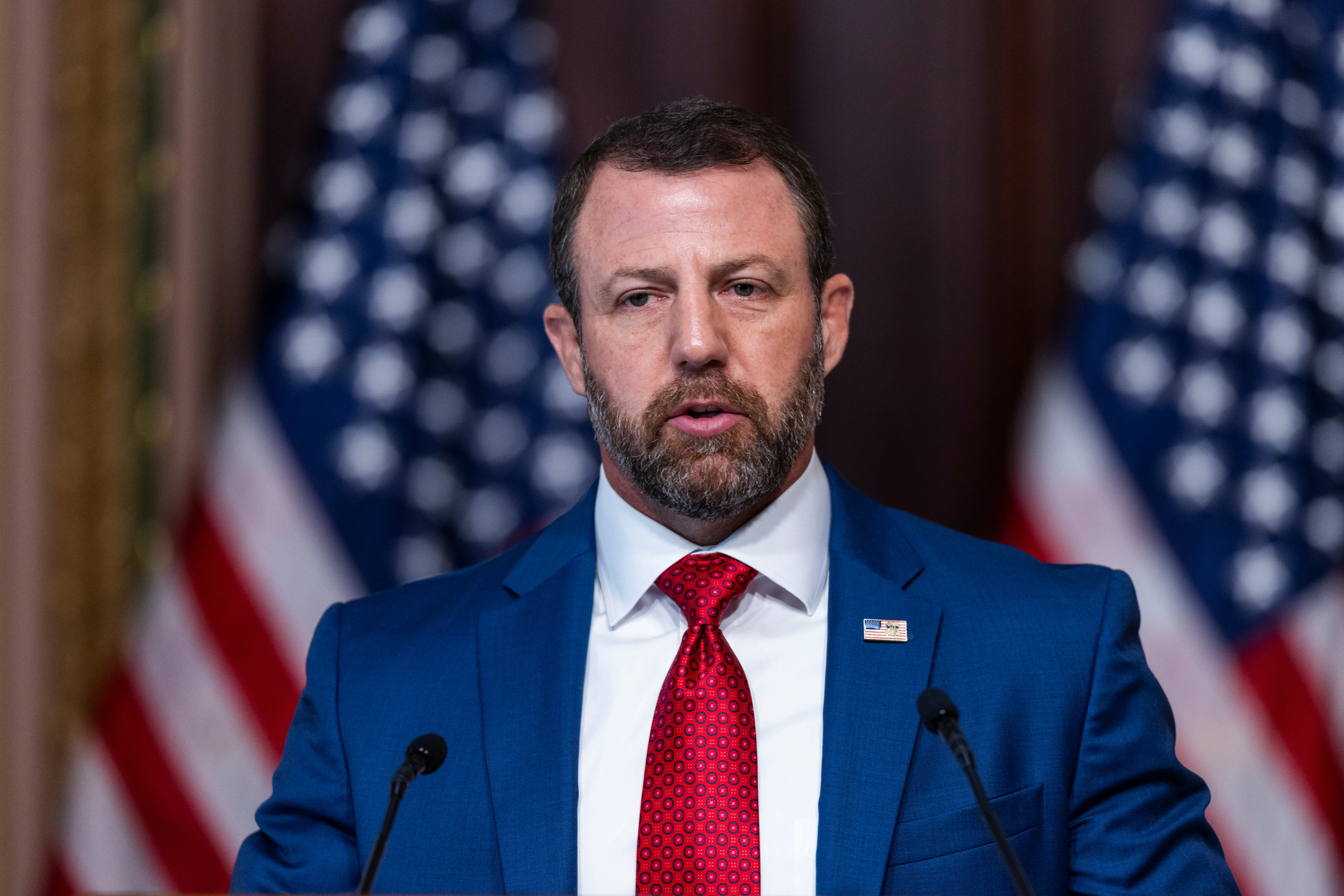 Homeland Security Secretary Markwayne Mullin speaks during a press conference