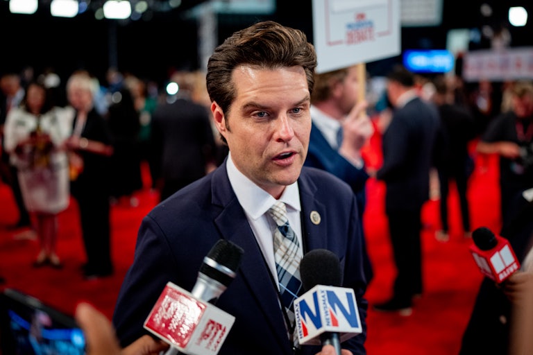 Florida Representative Matt Gaetz looks weird while talking to press at the RNC