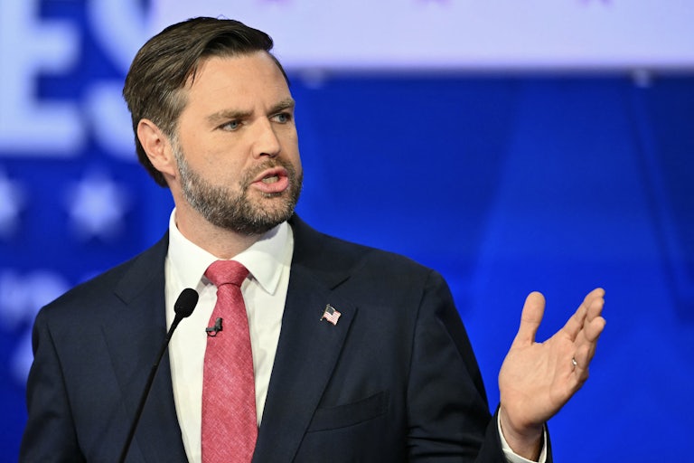 J.D. Vance gestures while speaking during the vice presidential debate