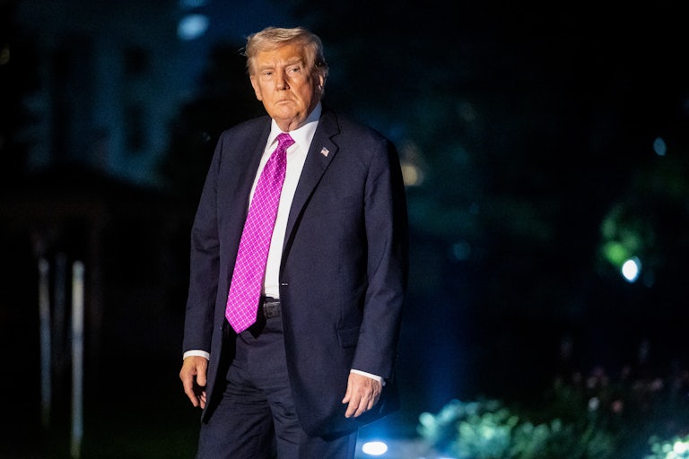 Donald Trump walks outside the White House