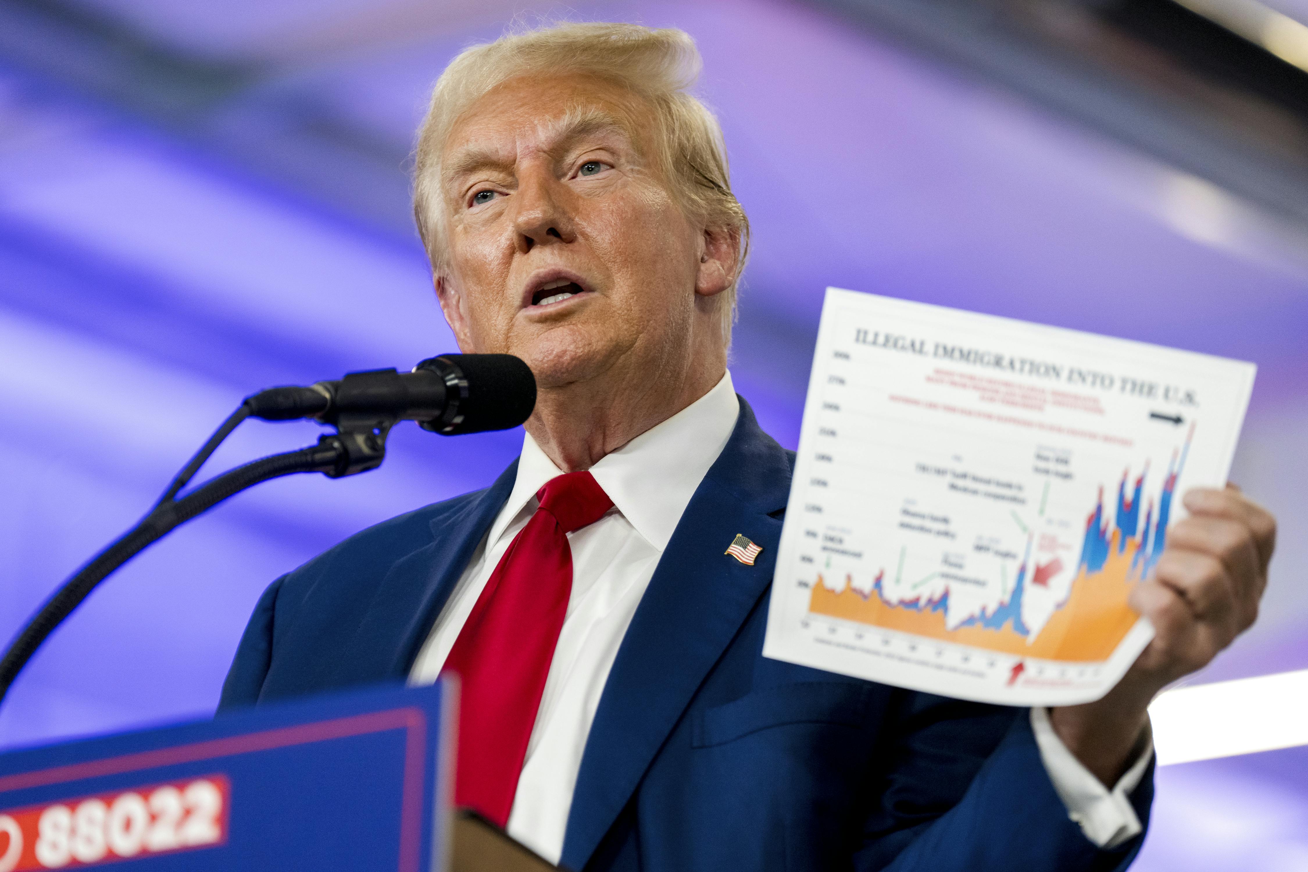Donald Trump speaks while holding a document about illegal immigration during a visit to the Livingston County Sheriff's Office in Howell, Michigan. 
