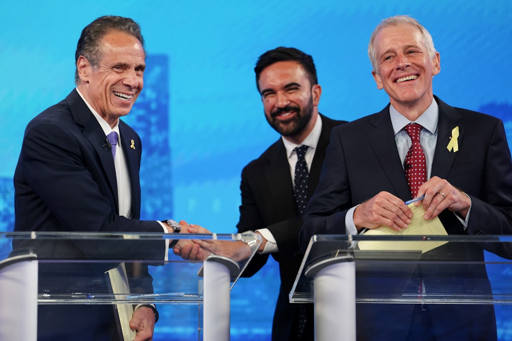 New York mayoral candidates Andrew Cuomo, Zohran Mamdani, and Whitney Tilson (l-r) during a debate