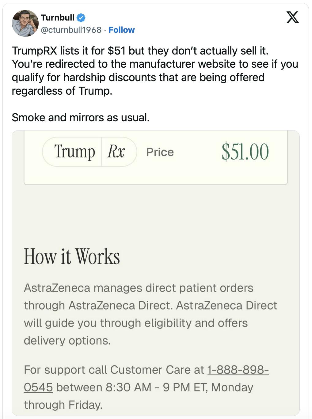 X screenshot Turnbull
@cturnbull1968
TrumpRX lists it for $51 but they don’t actually sell it. You’re redirected to the manufacturer website to see if you qualify for hardship discounts that are being offered regardless of Trump. 

Smoke and mirrors as usual.

(screenshot of TrumpRx websit)