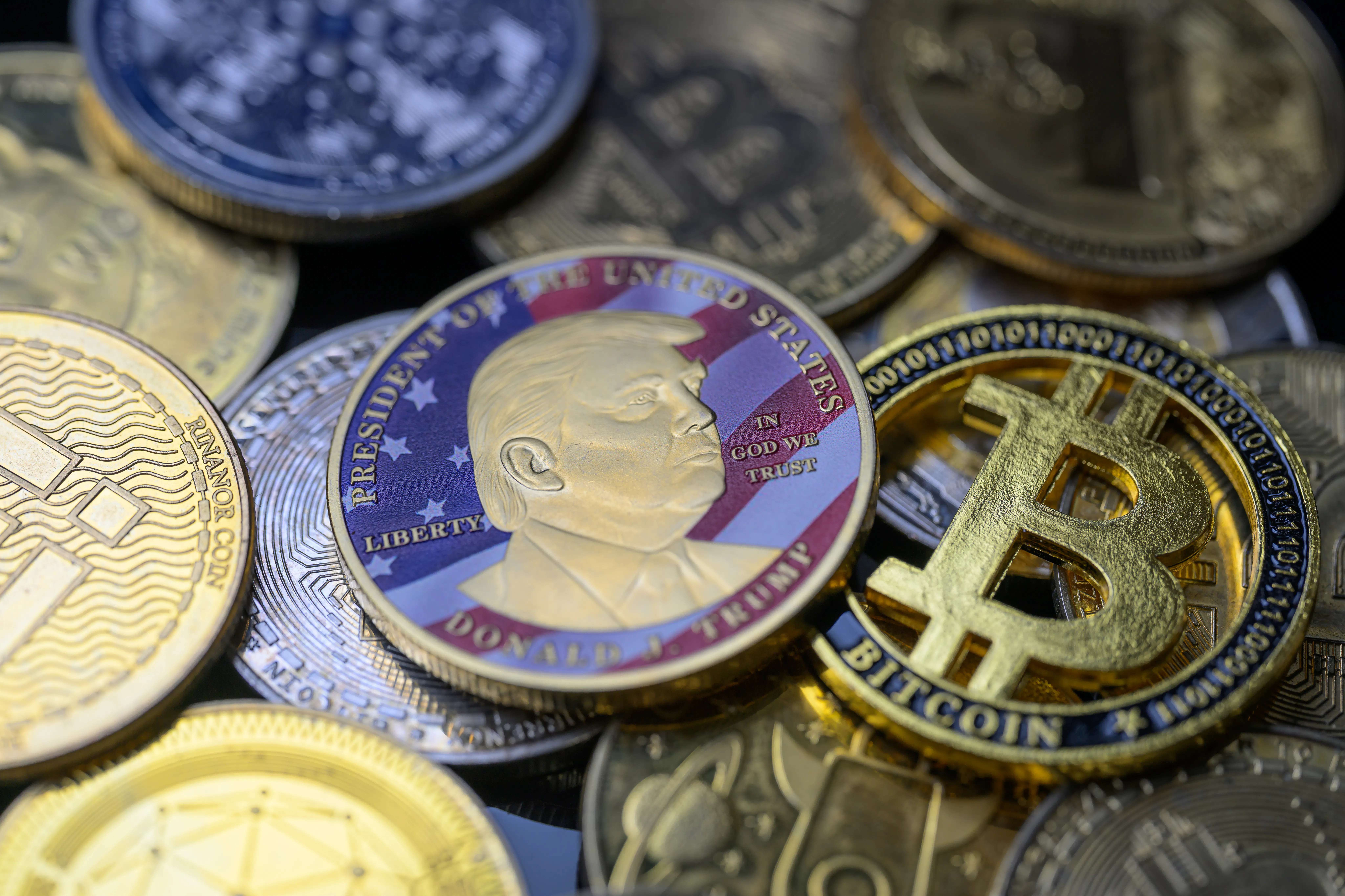  Donald Trump coin is pictured alongside Bitcoin and various other cryptocurrencies in this photo illustration