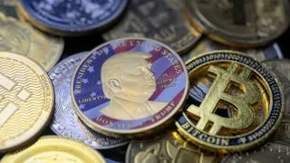 Donald Trump coin is pictured alongside Bitcoin and various other cryptocurrencies in this photo illustration