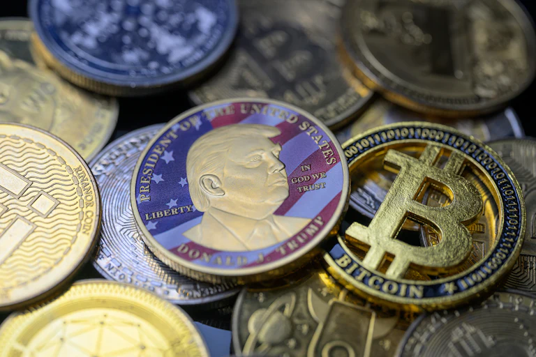 Donald Trump coin is pictured alongside Bitcoin and various other cryptocurrencies in this photo illustration