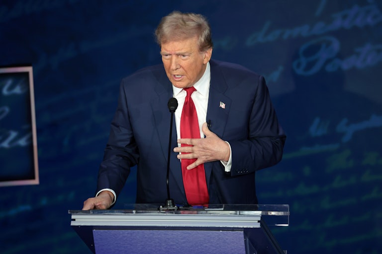 Donald Trump speaking during the presidential debate with Kamala Harris (not pictured)