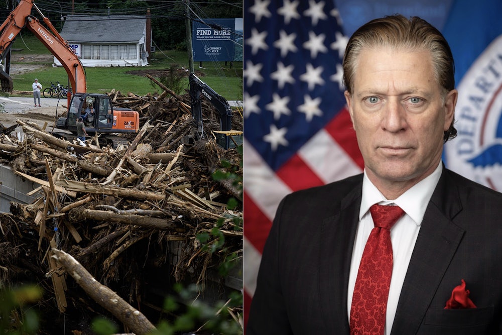 Left photograph: fallen trees and damage from Hurricane Helene in North Carolina is cleared by heavy machinery in order to reopen a road while a person stands outside of a home watching in September 2024. Right, David Richardson, the newly appointed senior official performing the duties of FEMA administrator.