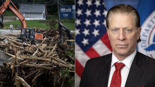 Left photograph: fallen trees and damage from Hurricane Helene in North Carolina is cleared by heavy machinery in order to reopen a road while a person stands outside of a home watching in September 2024. Right, David Richardson, the newly appointed senior official performing the duties of FEMA administrator.