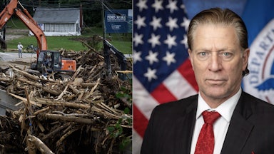 Left photograph: fallen trees and damage from Hurricane Helene in North Carolina is cleared by heavy machinery in order to reopen a road while a person stands outside of a home watching in September 2024. Right, David Richardson, the newly appointed senior official performing the duties of FEMA administrator.