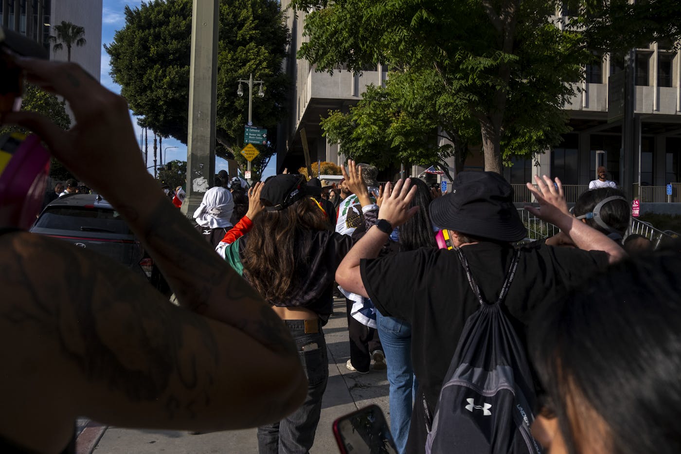 Protestors against President Donald Trump after the “No Kings protest clash with LAPD and Sheriff Department near City Hall in downtown Los Angeles, June 14, 2025.
