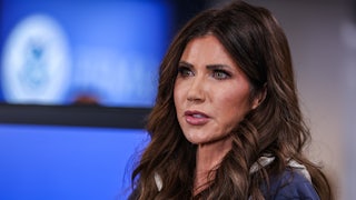 Homeland Security Secretary Kristi Noem speaks during a press conference