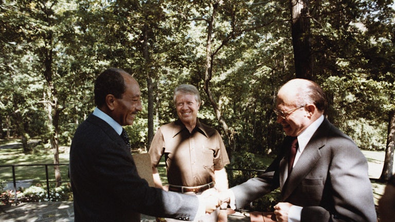 President Jimmy Carter, Egyptian President Anwar Sadat, and Israeli Prime Minister Menachem Begin