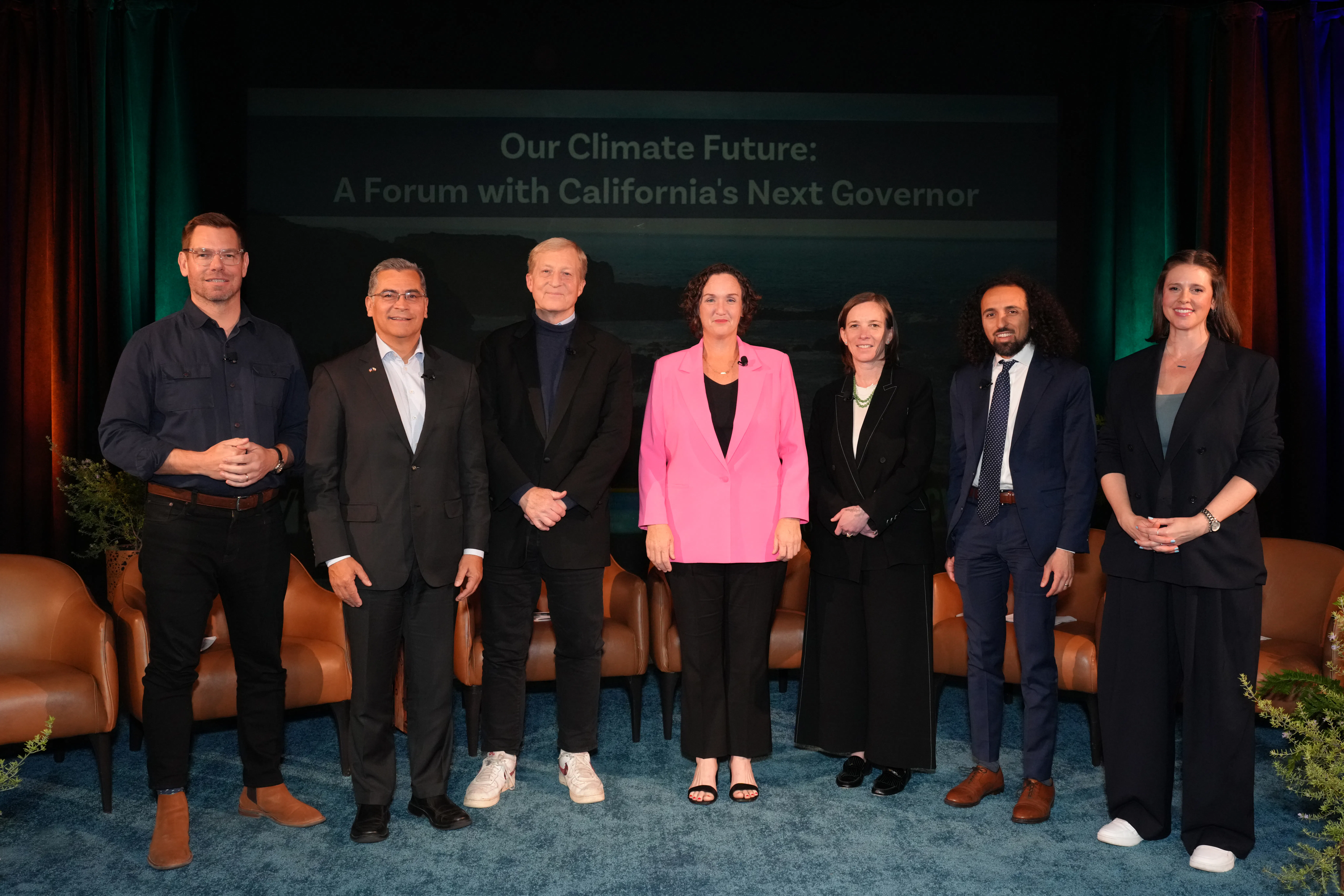 California Democratic gubernatorial candidates Eric Swalwell, Xavier Becerra, Tom Steyer, Katie Porter, Louise Bedsworth, Sammy Roth and Mary Creasman attend “Our Climate Future: A Forum with California’s Next Governor” in Pasadena. 