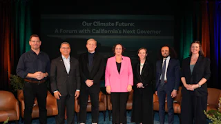 California Democratic gubernatorial candidates Eric Swalwell, Xavier Becerra, Tom Steyer, Katie Porter, Louise Bedsworth, Sammy Roth and Mary Creasman attend “Our Climate Future: A Forum with California’s Next Governor” in Pasadena.