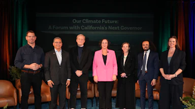 California Democratic gubernatorial candidates Eric Swalwell, Xavier Becerra, Tom Steyer, Katie Porter, Louise Bedsworth, Sammy Roth and Mary Creasman attend “Our Climate Future: A Forum with California’s Next Governor” in Pasadena.