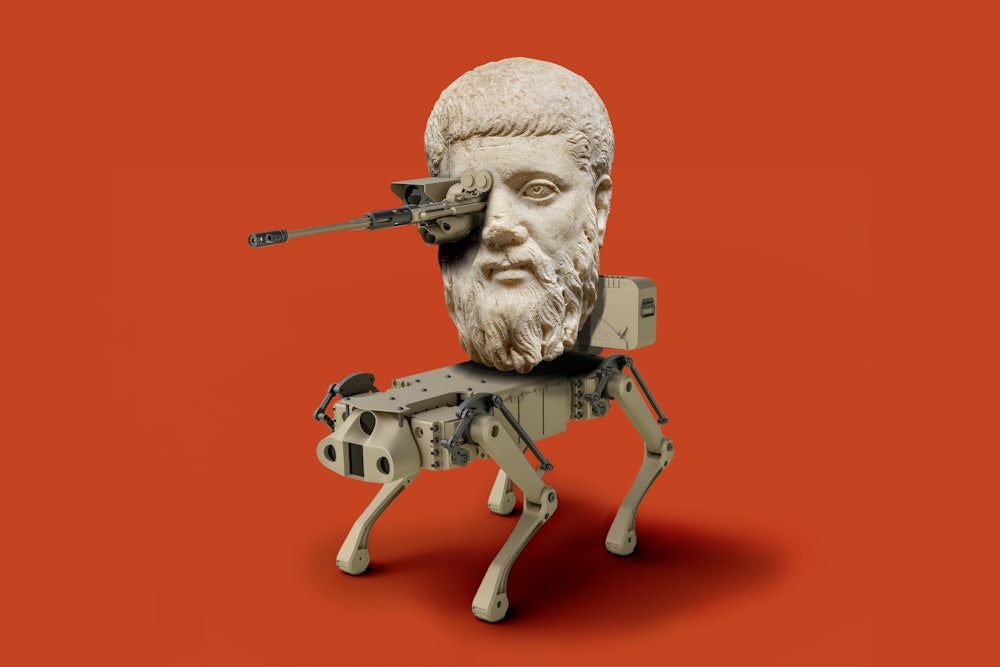 A mash-up of a bust of Plato and a military drone is used to illustrate the hiring of philosophers by the Department of Defense to study technology ethics in warfare.