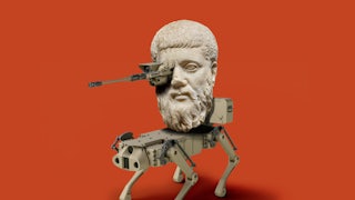 A mash-up of a bust of Plato and a military drone is used to illustrate the hiring of philosophers by the Department of Defense to study technology ethics in warfare.