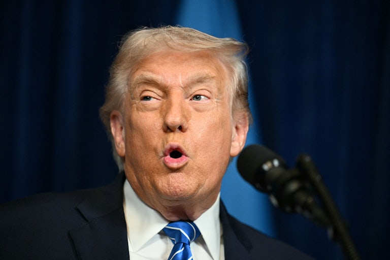 Donald Trump speaks into a microphone