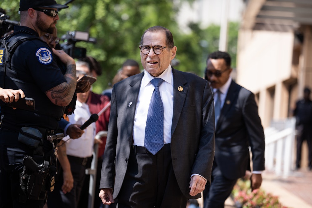 Representative Jerry Nadler leaves a meeting of the House Democratic Caucus about the candidacy of President Joe Biden at the Democratic National Committee.