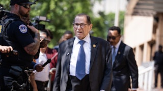 Representative Jerry Nadler leaves a meeting of the House Democratic Caucus about the candidacy of President Joe Biden at the Democratic National Committee.
