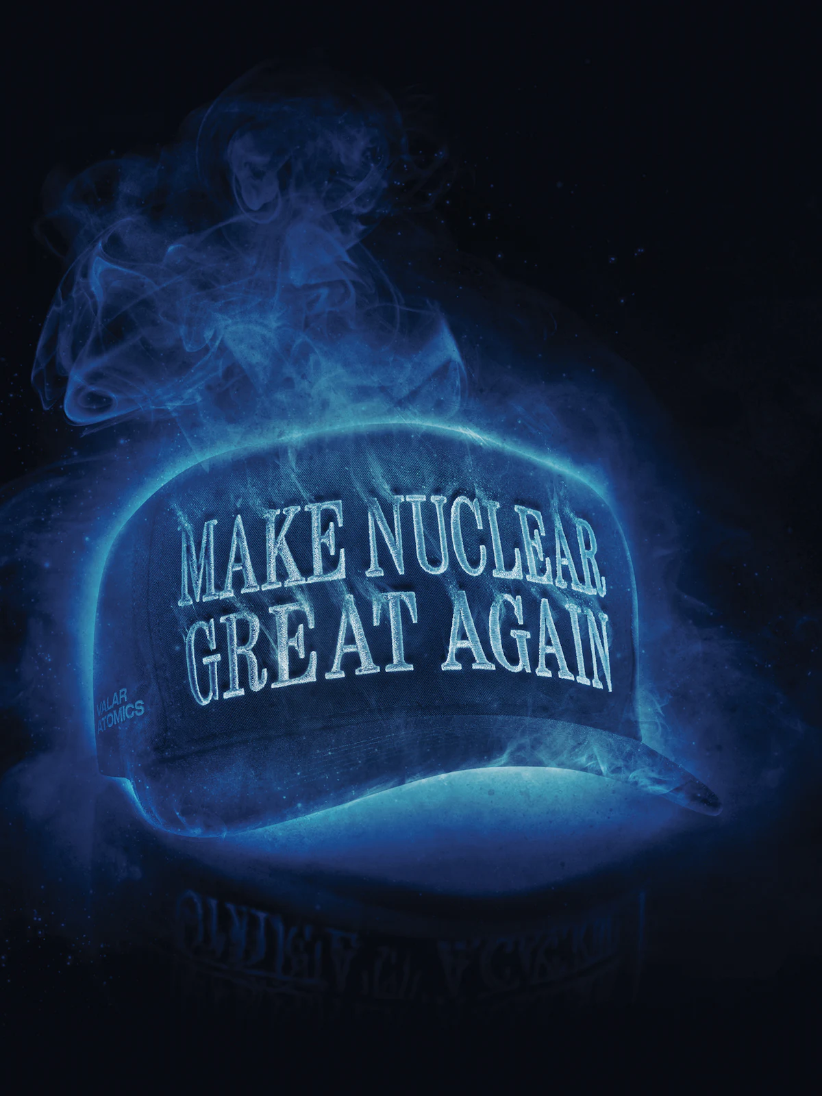 A photo illustration of a 'Make Nuclear Great Again' hat glowing nuclear blue with smoke coming off it.
