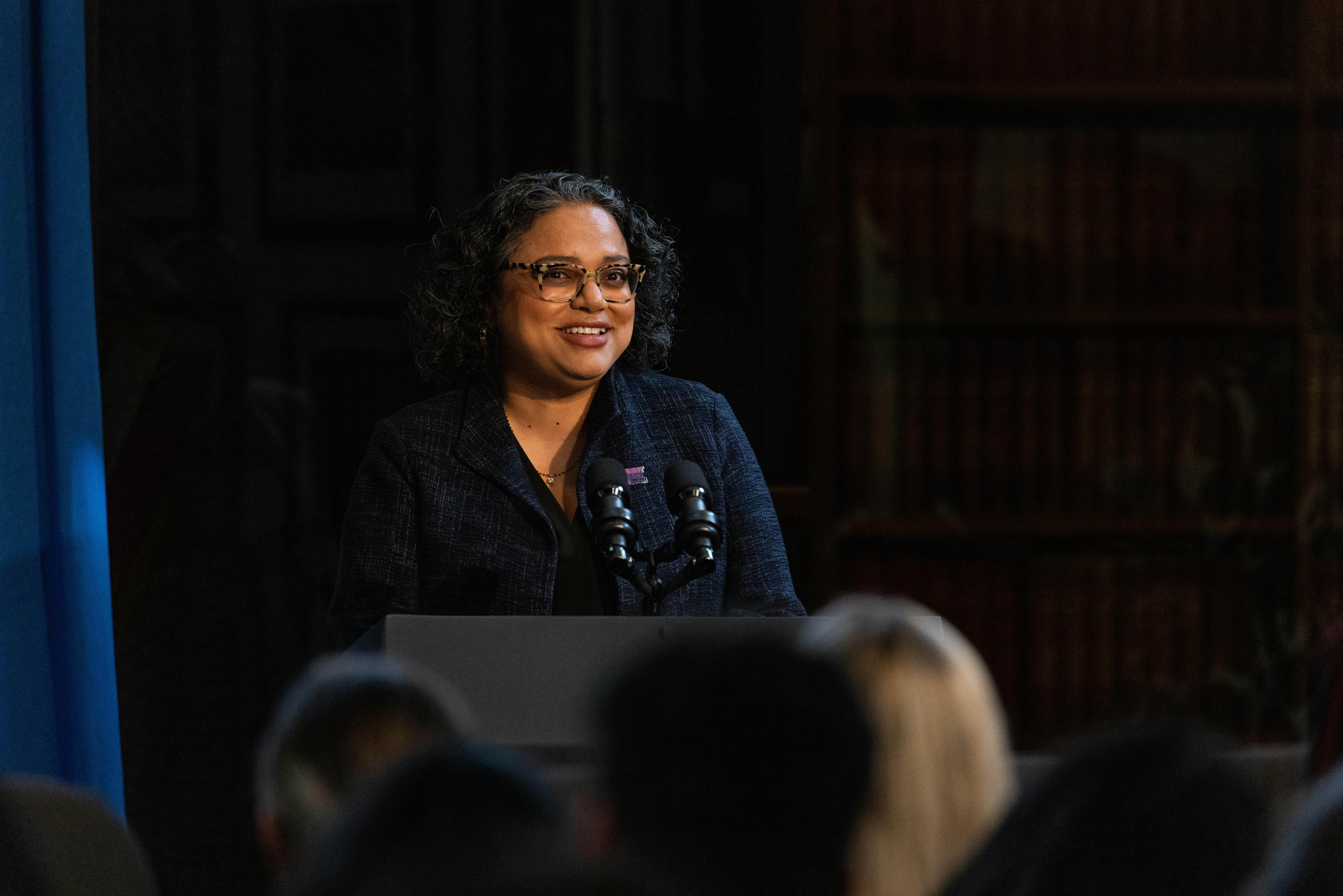 Mini Timmaraju, President of NARAL Pro-Choice America moderates a discussion on reproductive rights on October 08, 2022.