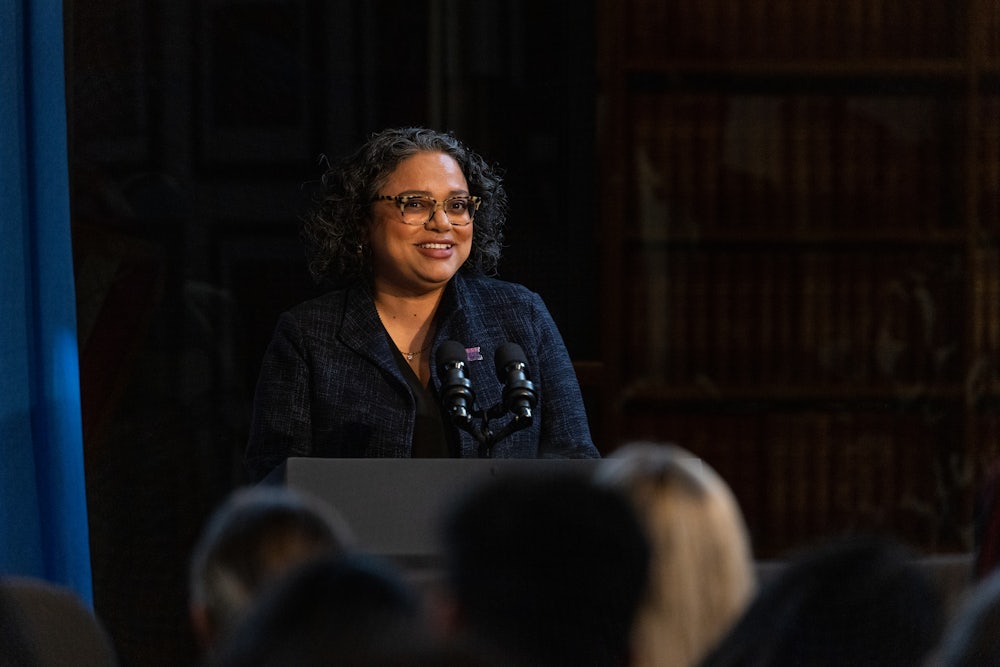 Mini Timmaraju, President of NARAL Pro-Choice America moderates a discussion on reproductive rights on October 08, 2022.