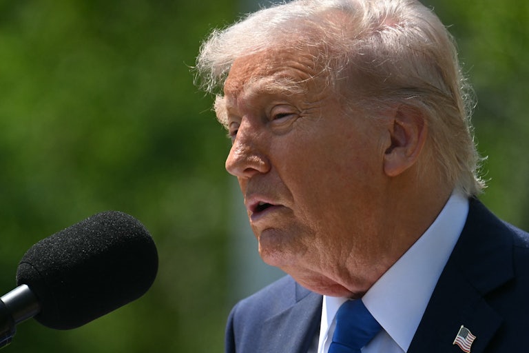 Donald Trump speaks into a microphone during an event in the White House Rose Garden