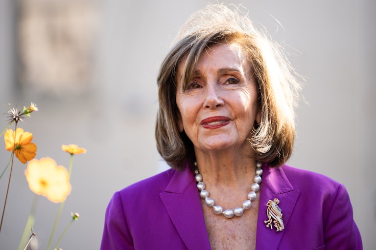 Former House Speaker Nancy Pelosi smiles while standing outside at an event