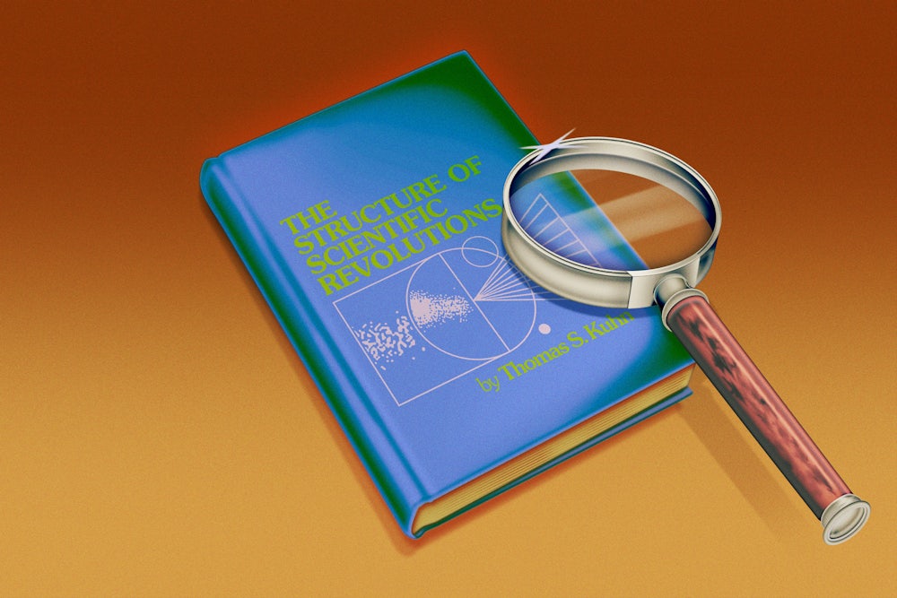 Illustration of the book "The Structure of Scientific Revolutions" with magnifying glass