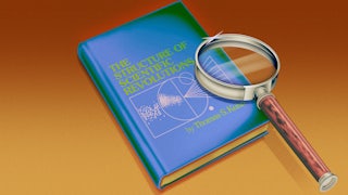Illustration of the book "The Structure of Scientific Revolutions" with magnifying glass