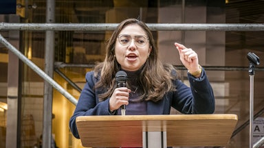 Kristen Gonzalez speaks at a podium.