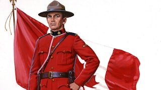 A painting of a Canadian Mounted Policeman aka Mountie and a Canadian Flag.