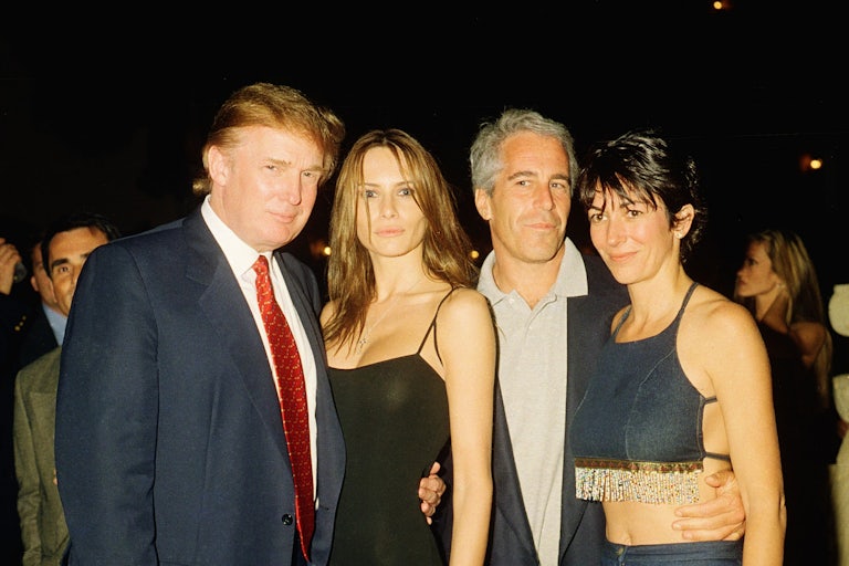 Donald Trump, Melania Knauss, financier (and future convicted sex offender) Jeffrey Epstein, and British socialite Ghislaine Maxwell pose together at Mar-a-Lago.