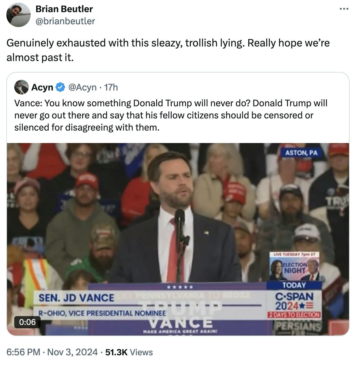 Twitter screenshot Brian Beutler @brianbeutler: Genuinely exhausted with this sleazy, trollish lying. Really hope we’re almost past it.