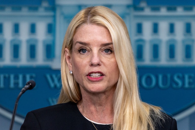 Attorney General Pam Bondi speaks to reporters in the White House press briefing room