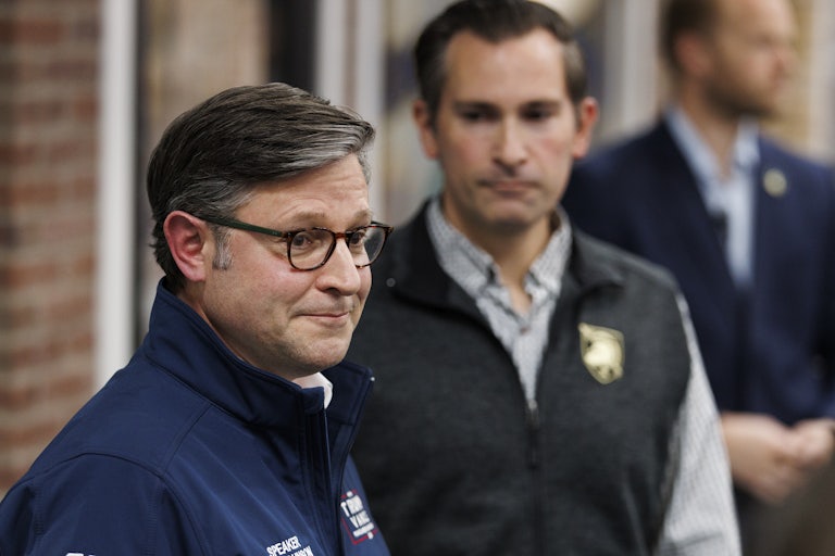House Speaker Mike Johnson with Representative Matt Van Epps in the background.