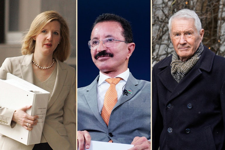 Splitscreen photos: Former Goldman Sachs lawyer (and Obama White House counsel) Kathy Ruemmler, UAE Sultan Ahmed bin Sulayem, and former Prime Minister of Norway Thorbjorn Jagland